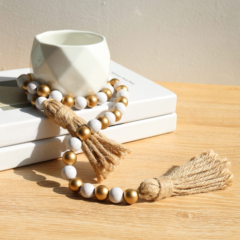 Meplait Wood Bead Garland 39in Farmhouse Beads with Tassels Boho beads for Tiered Tray decorative beads home decor(Gold & Wash White) - Image 2